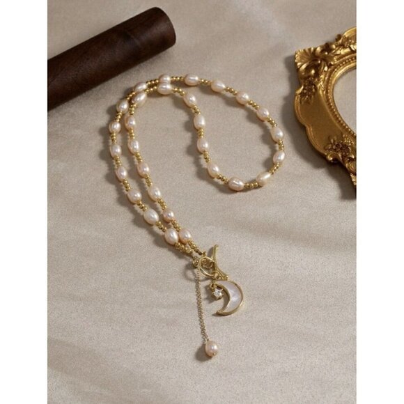 Cultured Pearl Moon Star Charm Necklace OT Buckle White Chain Real Natural - Picture 9 of 10